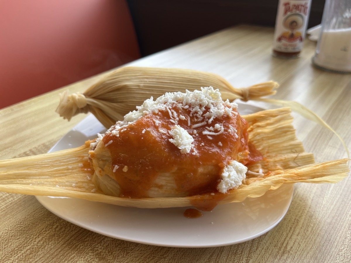 Chuchito tamale with recado sauce at Magdali's, Menlo Park CA